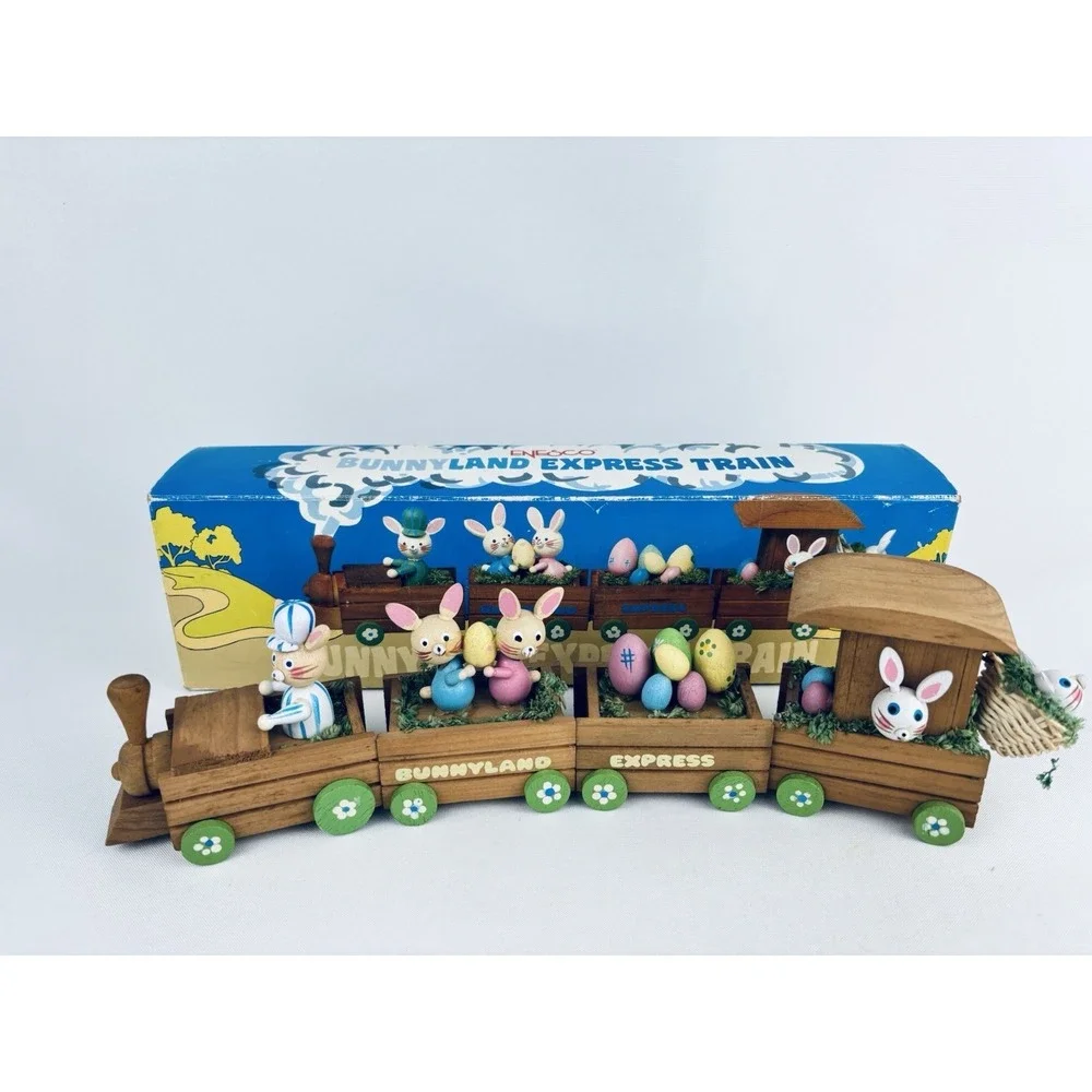Vintage 1983 Enesco Easter Bunnyland Express Train‎ Wooden Bunny Rabbit Toy
